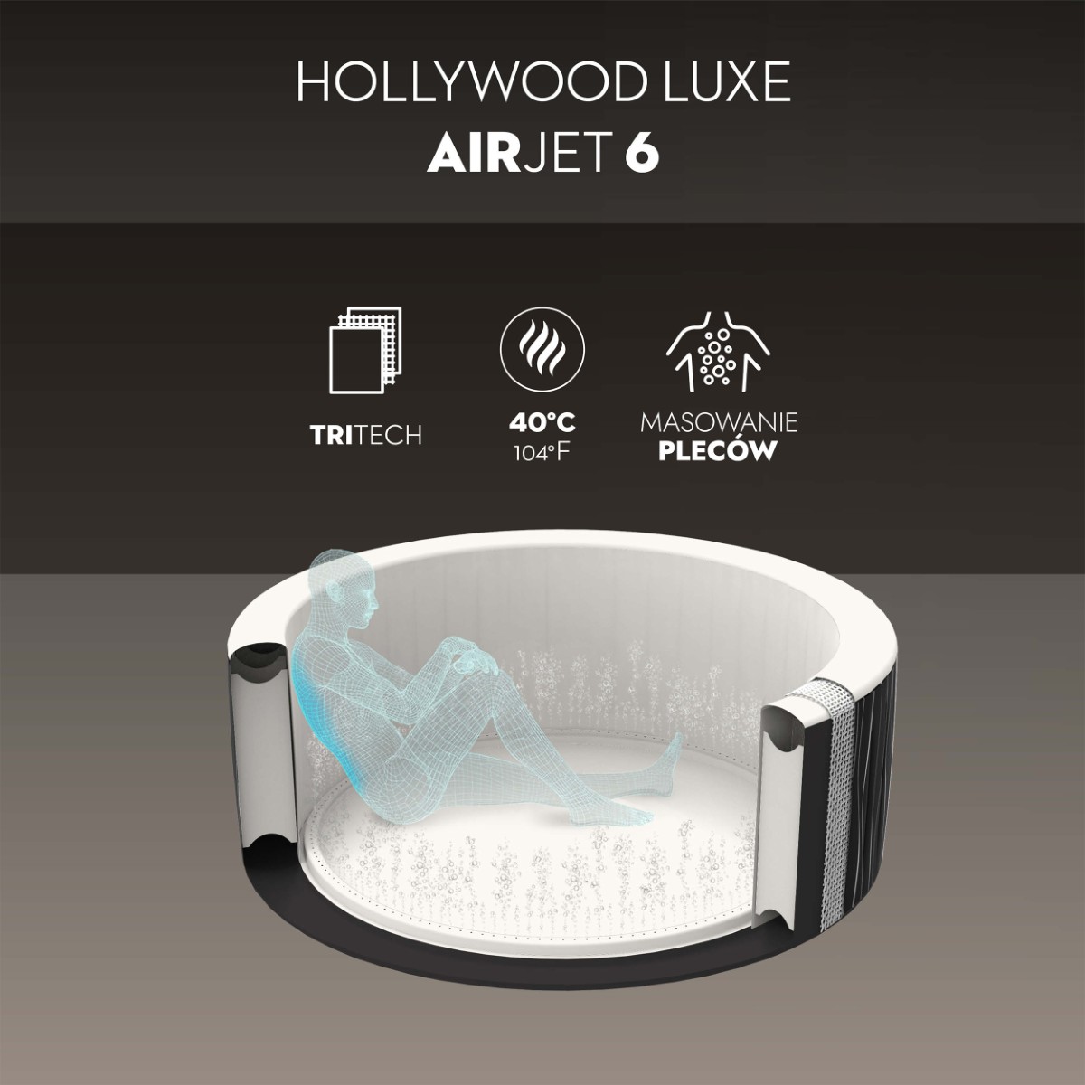 Hollywood Luxe AirJet 6. Wykonany w technologii TriTech, która zapewnia trwałość i odporność na przebicia. Możliwość podgrzewania wody do maksymalnie 40oC. System AirJet oferujący funkcję Masowanie pleców (masaż wodny). 